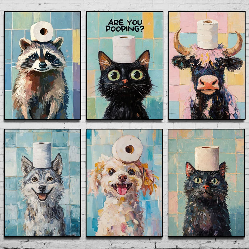 Home Bathroom Pictures - โปสเตอร์ภาพพิมพ์สัตว์บนกระดาษชำระแบบไม่มีกรอบ 1 ชิ้น ภาพวาดบนผ้าใบลายแมวและสุนัขกำลังถ่าย สำหรับตกแต่งผนังบ้านและห้องน้ำ