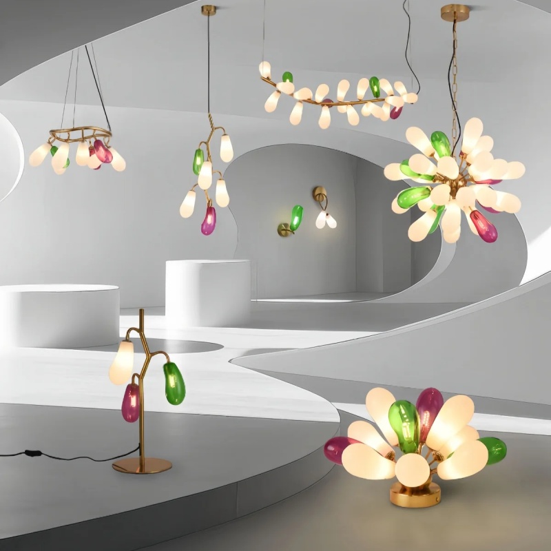 Home Bathroom Lighting Design - โคมไฟระย้าแก้วสีดีไซน์ทันสมัยรูปทรงมะเขือม่วง สำหรับห้องนอน ห้องรับประทานอาหาร ห้องนั่งเล่น ไฟ LED