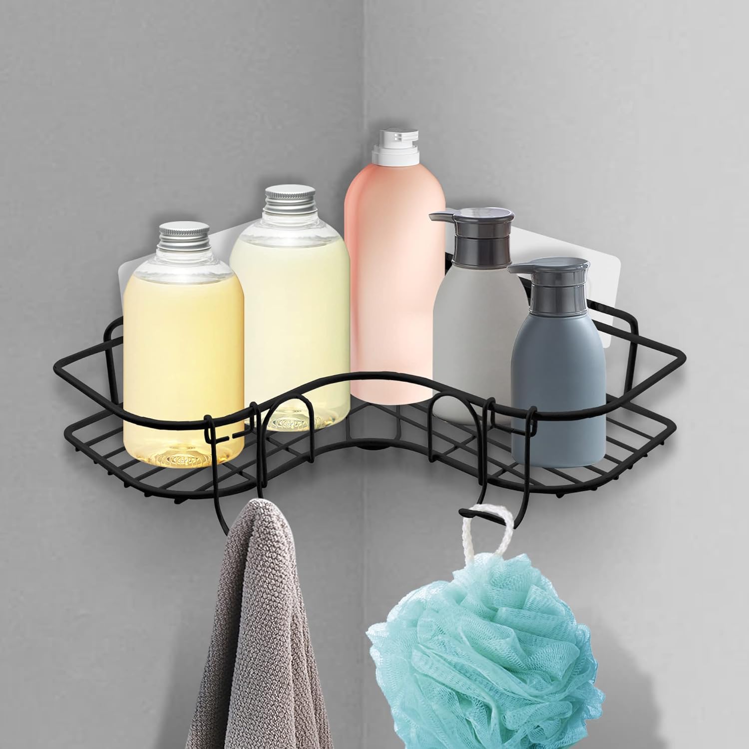 Bath Caddy Tray - ชั้นวางของเข้ามุมสำหรับในห้องอาบน้ำ, ชั้นวางของเข้ามุมแบบแขวนพร้อมตะขอ, ที่จัดระเบียบของใช้ในห้องอาบน้ำ/ห้องครัว (สีดำ)