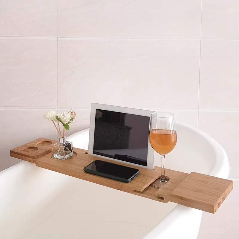 Bath Caddy Tray - แคดดี้อ่างอาบน้ําไม้ไผ่พร้อมที่วางโทรศัพท์แท็บเล็ตอเนกประสงค์สปาออแกไนเซอร์สําหรับห้องน้ํา/อ่าง/ถังไม้ลื่นชั้นวางของ
