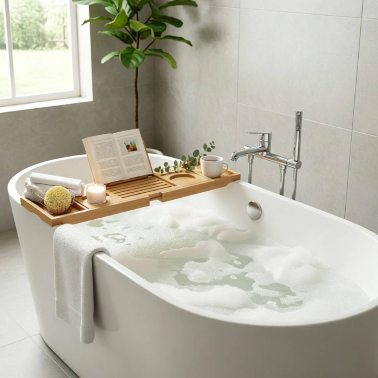 Bath Caddy Tray - ถาดวางอ่างอาบน้ำ ถาดวางอ่างอาบน้ำลายไม้ ถาดวางอ่างอาบน้ำ ช่องเก็บของ อุปกรณ์ในห้องน้ำ ที่วางโทรศัพท์