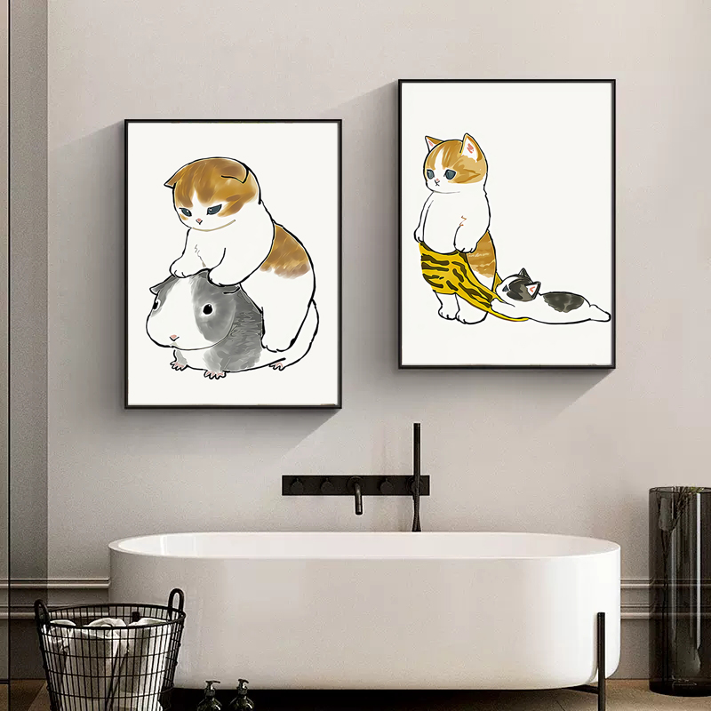 Home Bathroom Pictures - ภาพพิมพ์บนผ้าใบลายแมวเล่นโทรศัพท์มือถือ ภาพตกแต่งผนังเรียบง่ายสำหรับสัตว์เลี้ยง ตกแต่งห้องน้ำและห้องต่างๆ ในบ้าน