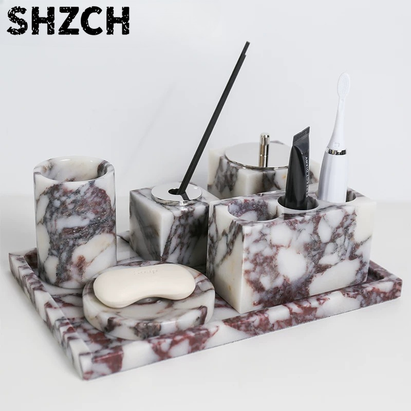 Bath Caddy Tray - ถาดหินอ่อนธรรมชาติสุดหรู, ที่วางแปรงสีฟันและที่วางสบู่เหลว, ที่จัดระเบียบโลชั่นบำรุงผิว, ชั้นวางของในห้องอาบน้ำ