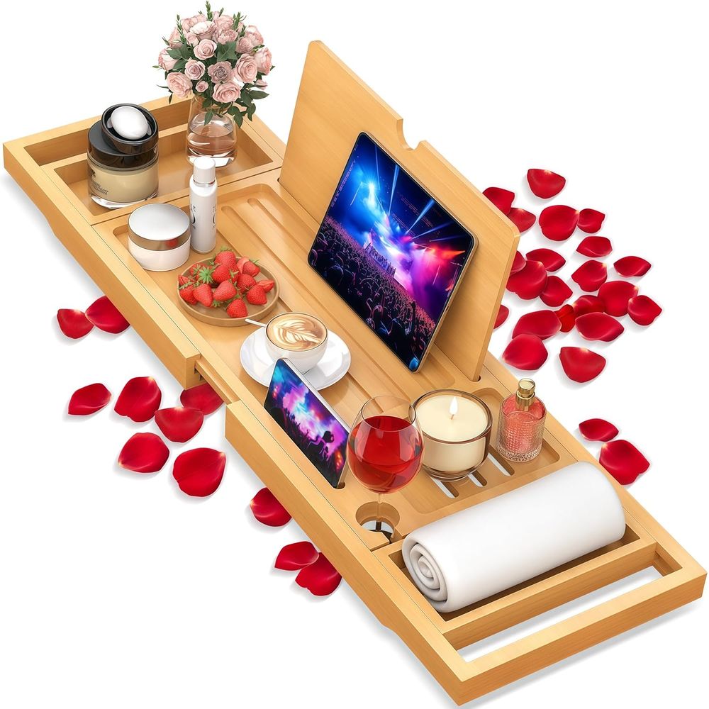 Bath Caddy Tray - ถาดวางของในห้องน้ำไม้ไผ่ดีไซน์หรูหรา ปรับด้านข้างได้ ถาดไม้เอนกประสงค์สำหรับอ่างอาบน้ำส่วนใหญ่และอุปกรณ์ในห้องน้ำ
