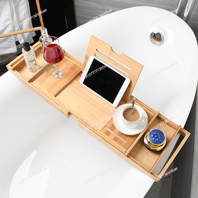 Bath Caddy Tray - ถาดวางของในอ่างอาบน้ำสีน้ำตาลสุดหรู แบบยืดหดได้ กันลื่น สไตล์ยุโรป พร้อมที่วางโทรศัพท์และแท็บเล็ต