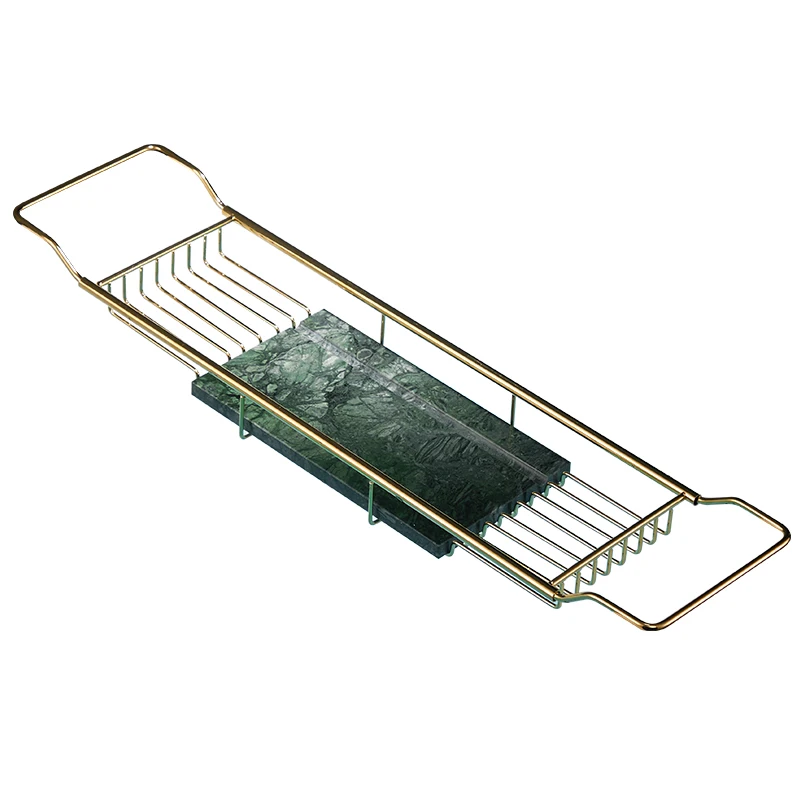 Bath Caddy Tray - ถาดวางของในอ่างอาบน้ำสแตนเลส ชั้นวางของเหนืออ่างอาบน้ำ พร้อมด้านข้างที่ขยายได้ หินอ่อนธรรมชาติ ชั้นวางแบบยืดหดได้ กันลื่น